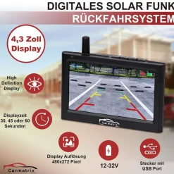 CARMATRIX Solar Funk Rückfahrkamera im Kennzeichen mit Monitor Rückfahrsystem Auto