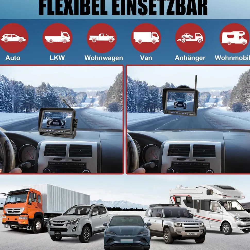 CARMATRIX Solar Rückfahrsystem mit 7" Monitor Rückfahrkamera mit Magnet Akku für Wohnmobil, Wohnwagen, Transporter
