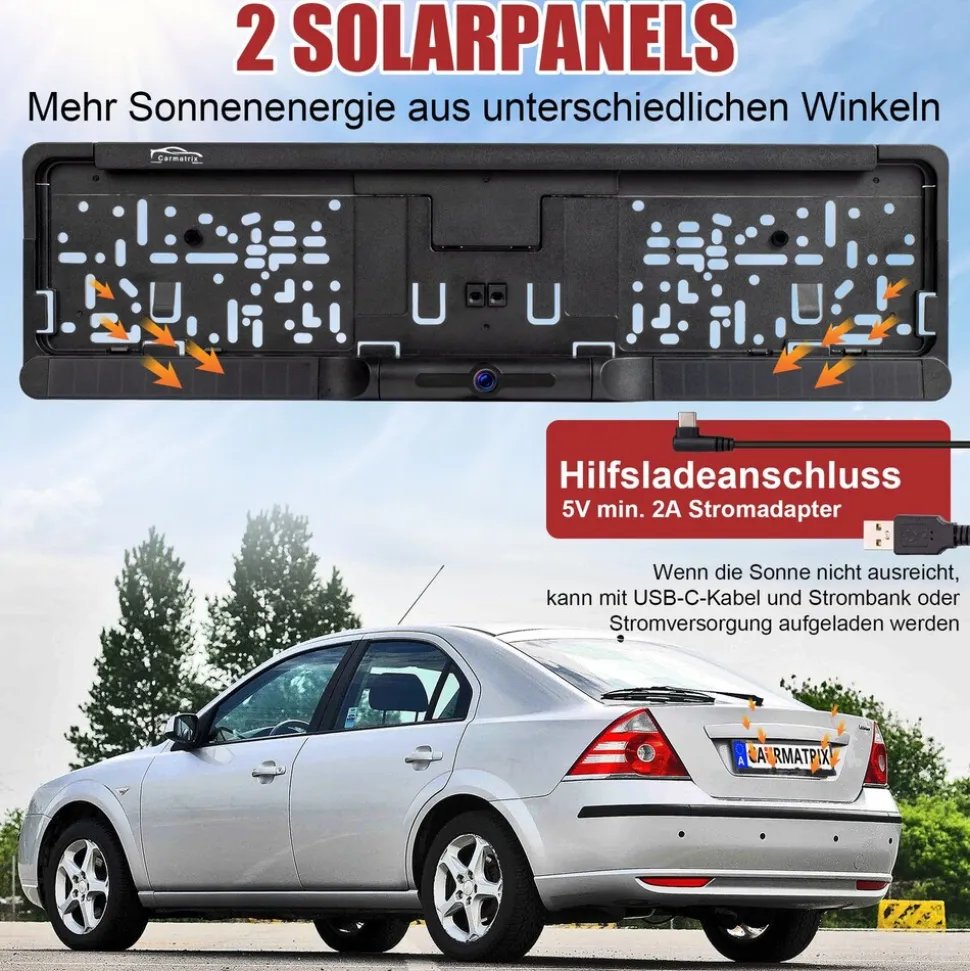 CARMATRIX Solar Rückfahrsystem mit Android Auto und Apple CarPlay, GoogleMaps, YouTube