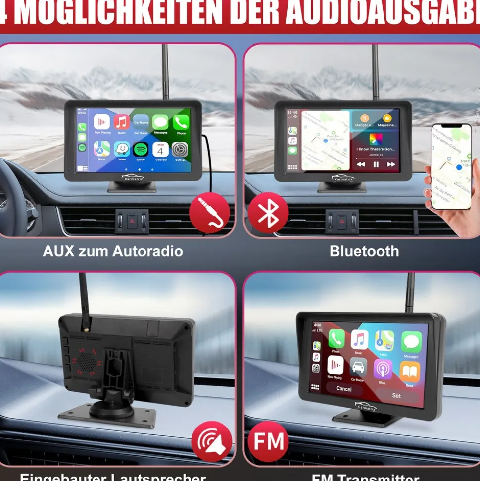 CARMATRIX Solar Rückfahrsystem mit Android Auto und Apple CarPlay, GoogleMaps, YouTube