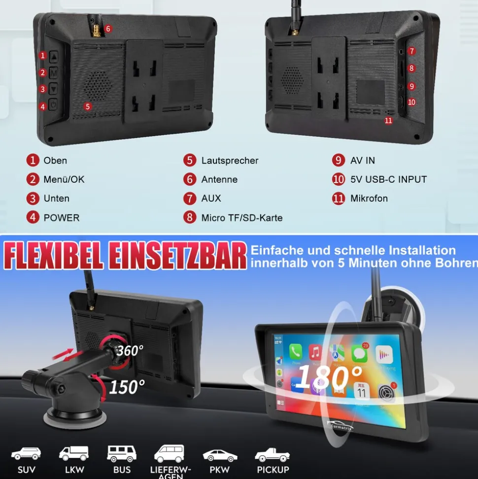 CARMATRIX Solar Rückfahrsystem mit Android Auto und Apple CarPlay, GoogleMaps, YouTube