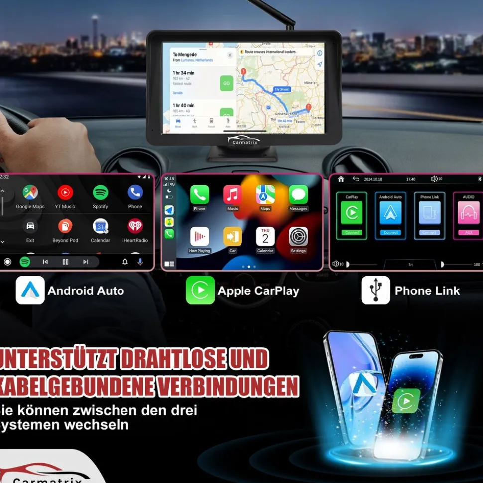 CARMATRIX Solar Rückfahrsystem mit Android Auto und Apple CarPlay, GoogleMaps, YouTube