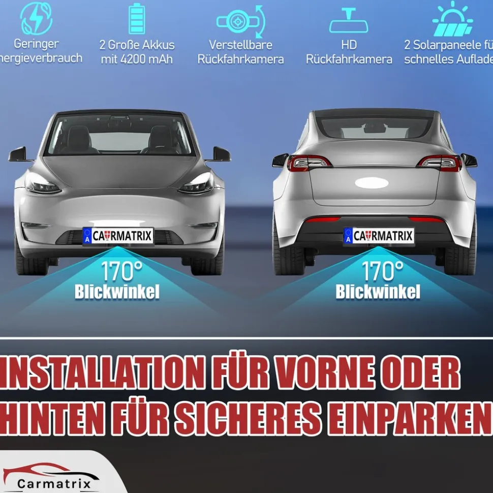 CARMATRIX Solar Rückfahrsystem mit Android Auto und Apple CarPlay, GoogleMaps, YouTube