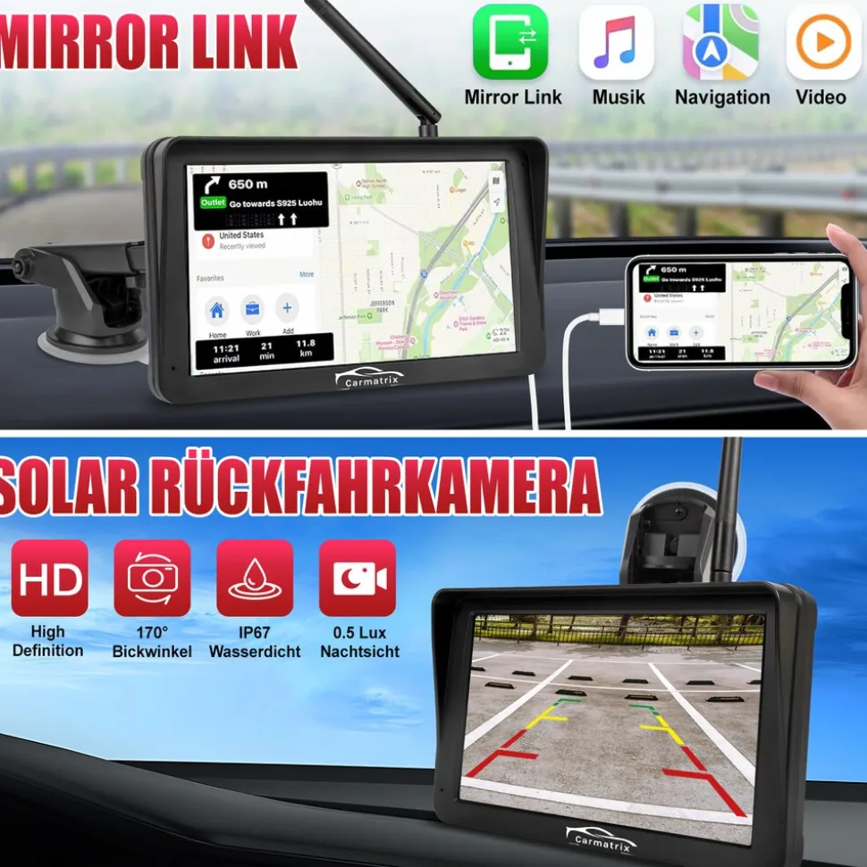 CARMATRIX Solar Rückfahrsystem mit Android Auto und Apple CarPlay, GoogleMaps, YouTube