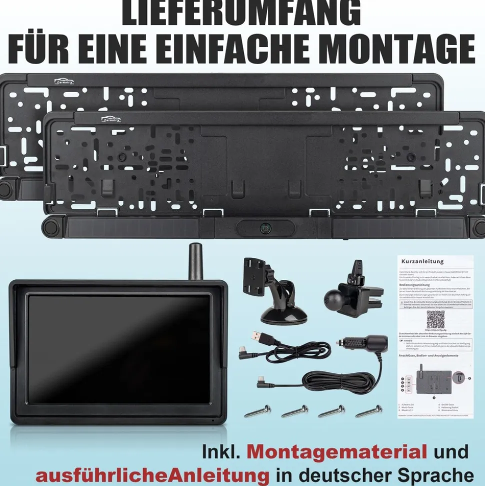 CARMATRIX Solar Rückfahrsystem HD Rückfahrkamera im Nummernschild mit Einparksensoren für Front und Heck