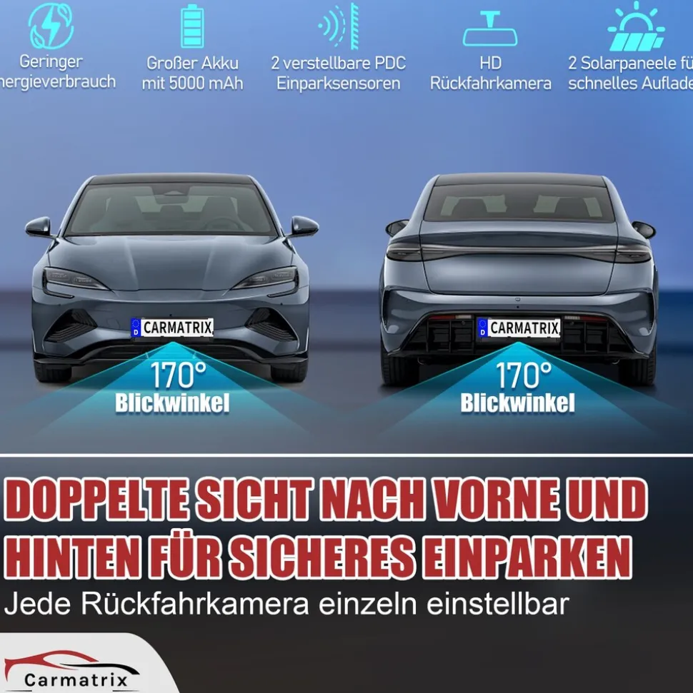 CARMATRIX Solar Rückfahrsystem HD Rückfahrkamera im Nummernschild mit Einparksensoren für Front und Heck