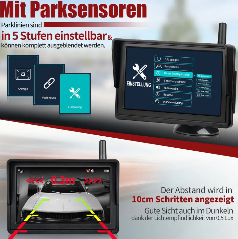 CARMATRIX Solar Rückfahrsystem HD Rückfahrkamera im Nummernschild mit Einparksensoren für Front und Heck