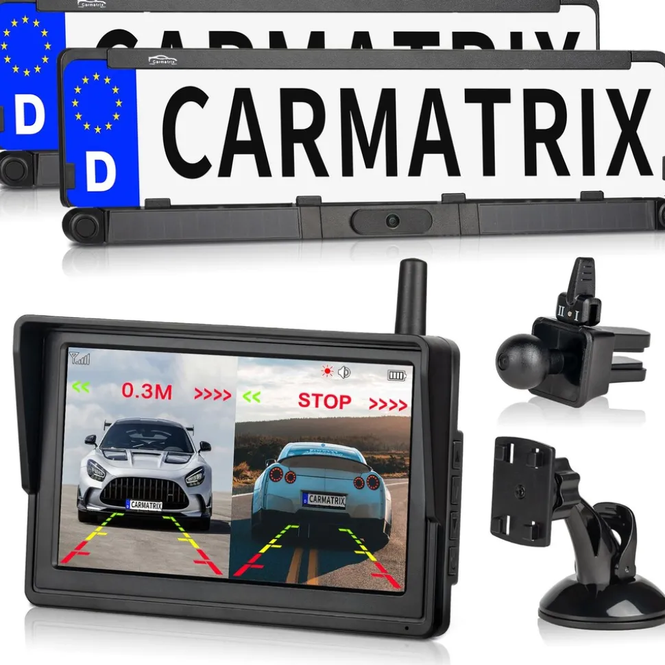 CARMATRIX Solar Rückfahrsystem HD Rückfahrkamera im Nummernschild mit Einparksensoren für Front und Heck