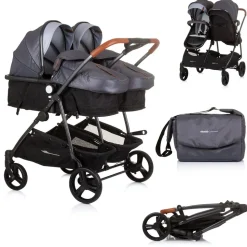 Chipolino Geschwisterkinderwagen Duo Smart klappbar umbaubar verstellbar Fußsack grau hellgrau