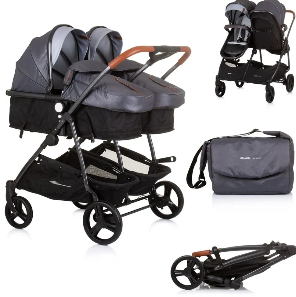 Chipolino Geschwisterkinderwagen Duo Smart klappbar umbaubar verstellbar Fußsack grau hellgrau