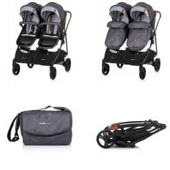 Chipolino Geschwisterkinderwagen Duo Smart klappbar umbaubar verstellbar Fußsack grau hellgrau