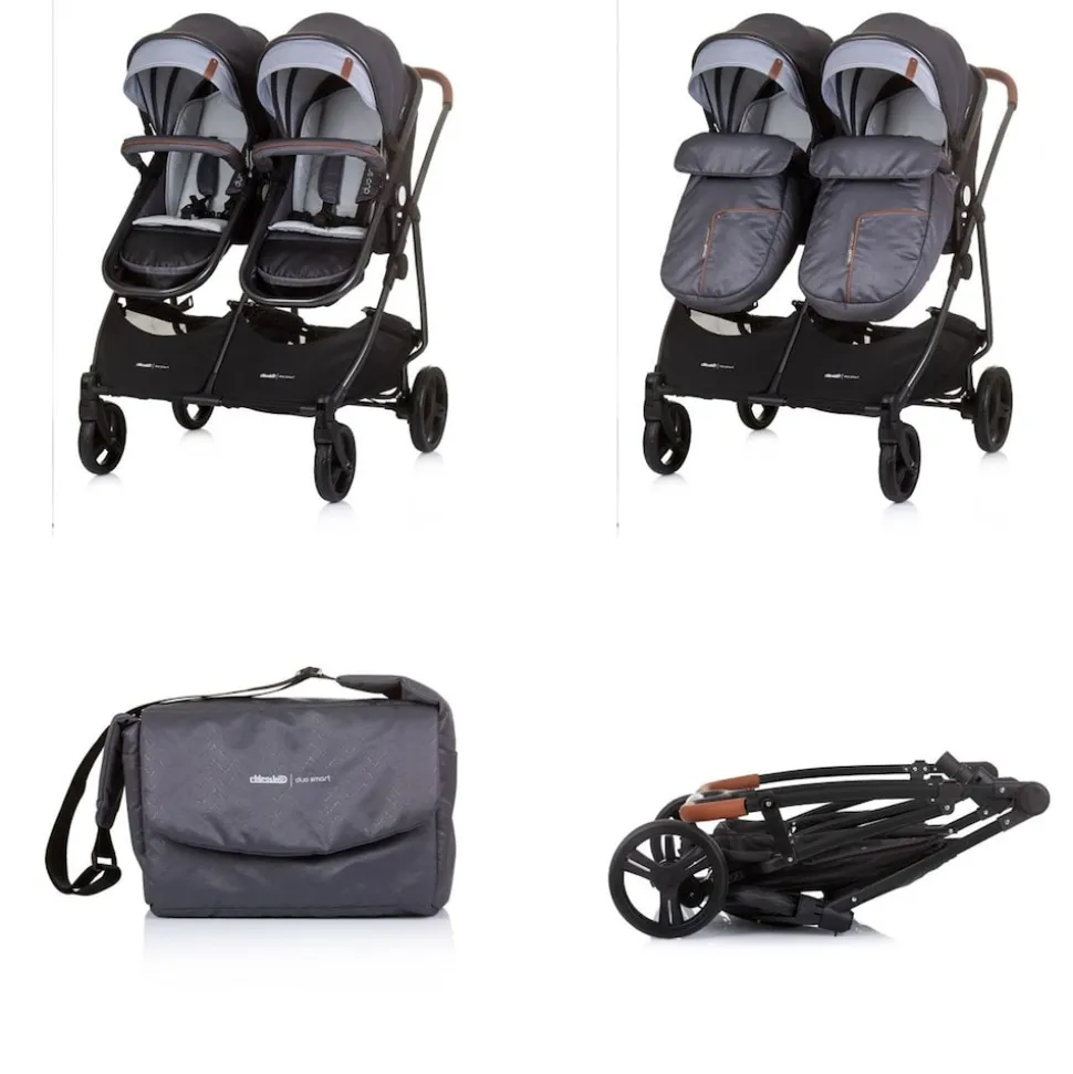Chipolino Geschwisterkinderwagen Duo Smart klappbar umbaubar verstellbar Fußsack grau hellgrau