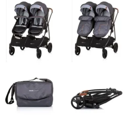 Chipolino Geschwisterkinderwagen Duo Smart klappbar umbaubar verstellbar Fußsack grau hellgrau