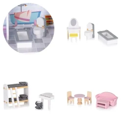 Chipolino Holz-Puppenhaus 12-teiliges Möbel-Set, Treppen, 3-Ebenen, ab 3 Jahren rosa