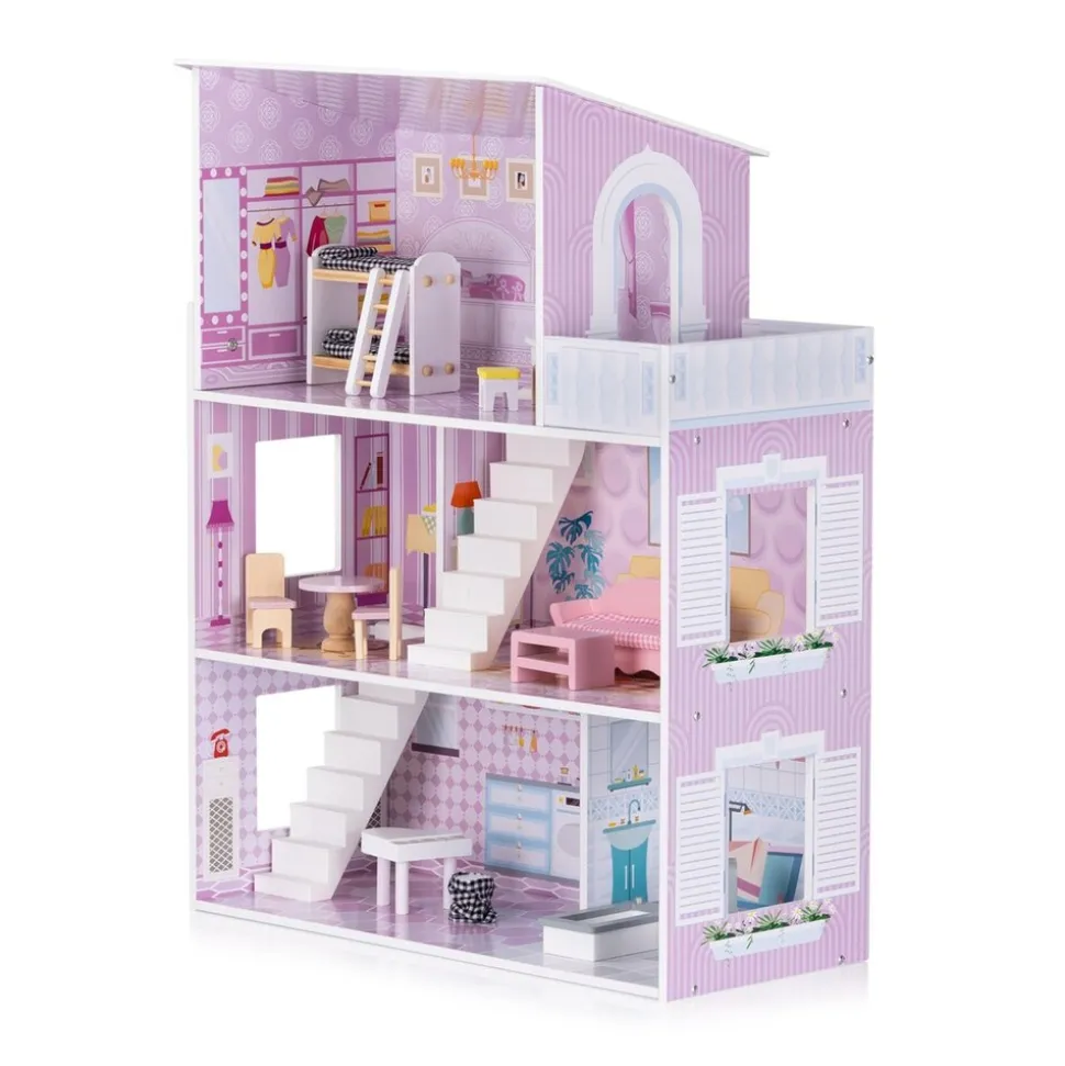 Chipolino Holz-Puppenhaus 12-teiliges Möbel-Set, Treppen, 3-Ebenen, ab 3 Jahren rosa