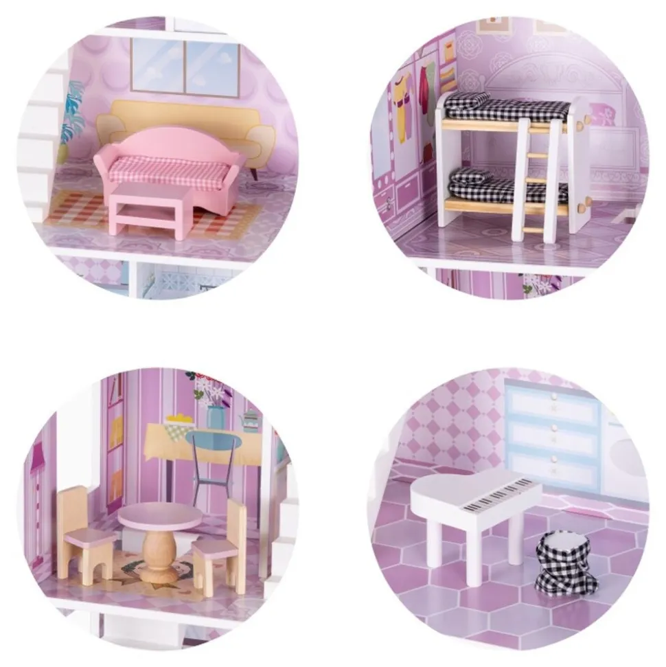 Chipolino Holz-Puppenhaus 12-teiliges Möbel-Set, Treppen, 3-Ebenen, ab 3 Jahren rosa