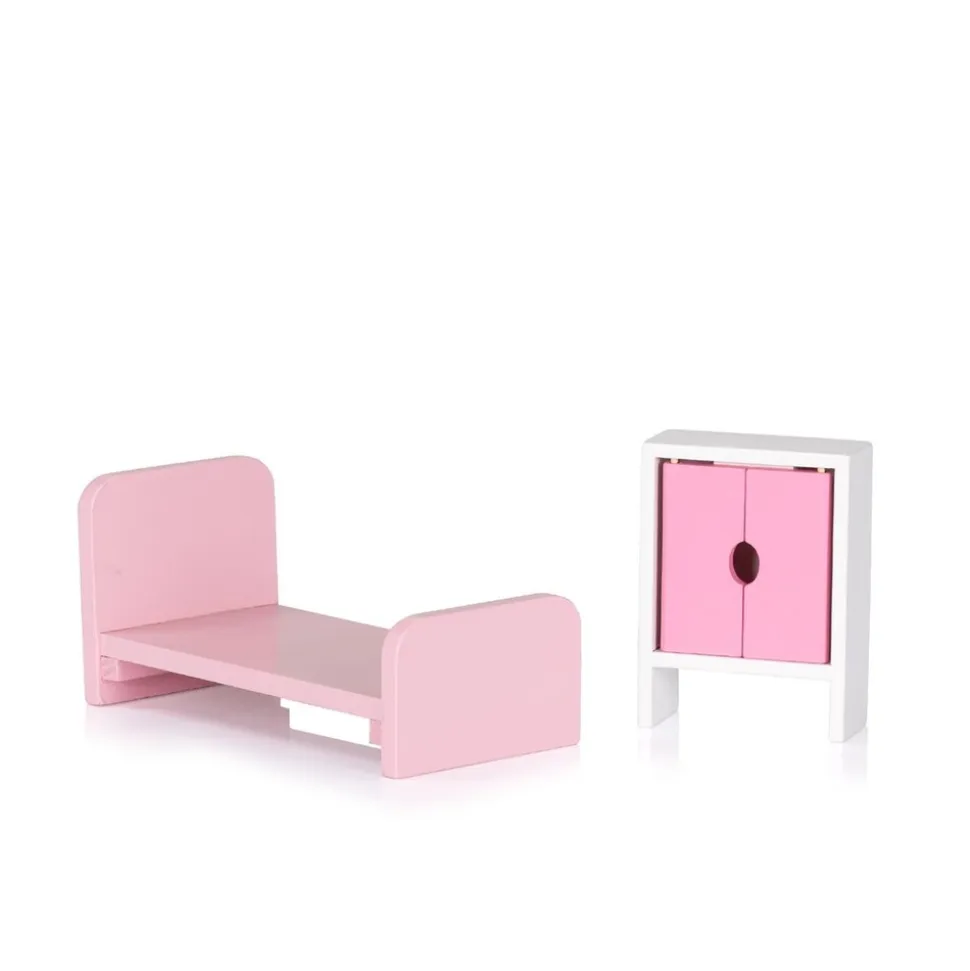 Chipolino Holz-Puppenhaus 7-teilig Balkon, Stühle, Tisch, Bett, Sofa, Schrank rosa