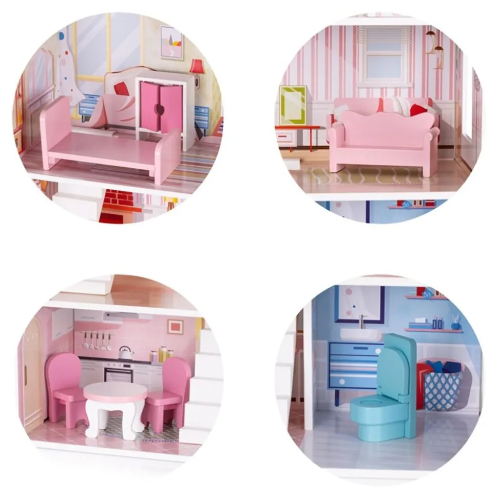Chipolino Holz-Puppenhaus 7-teilig Balkon, Stühle, Tisch, Bett, Sofa, Schrank rosa