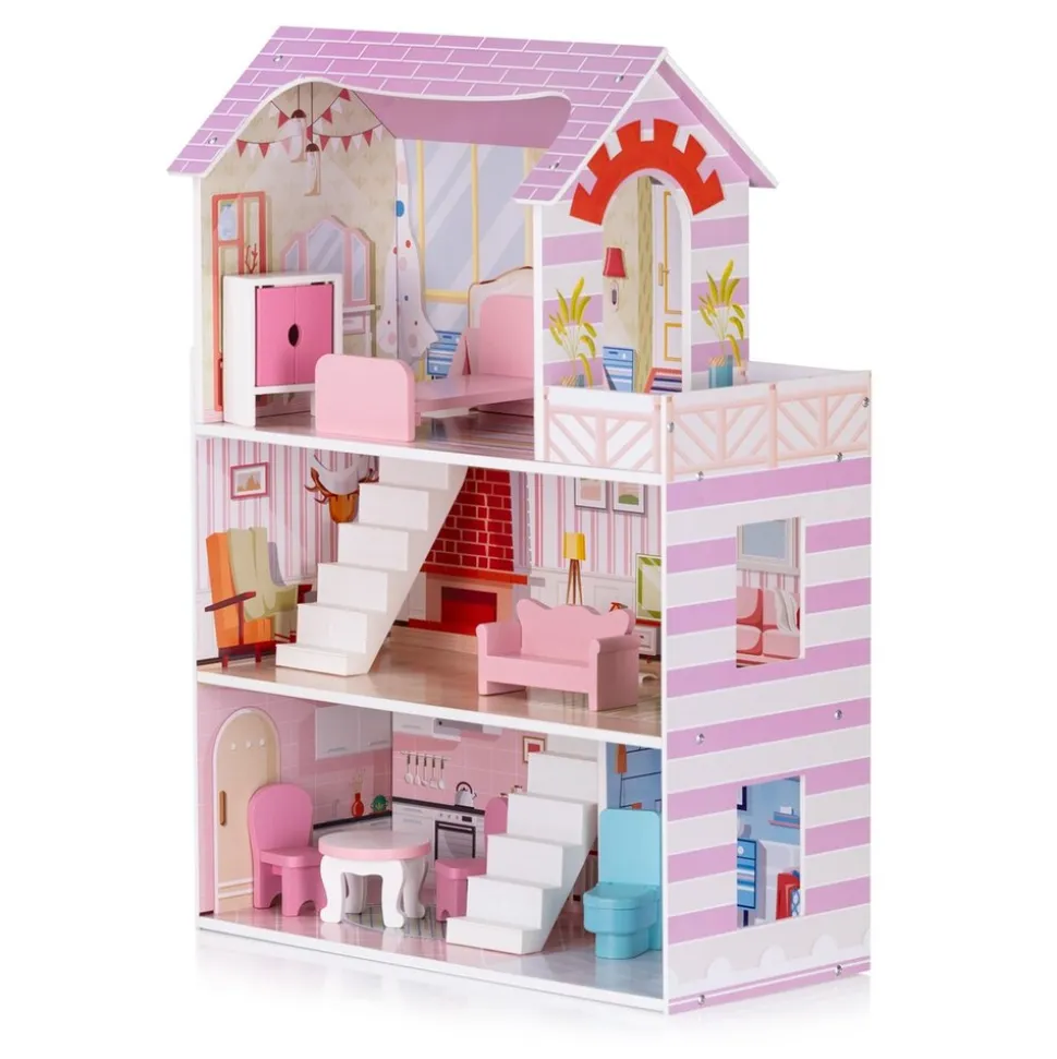 Chipolino Holz-Puppenhaus 7-teilig Balkon, Stühle, Tisch, Bett, Sofa, Schrank rosa