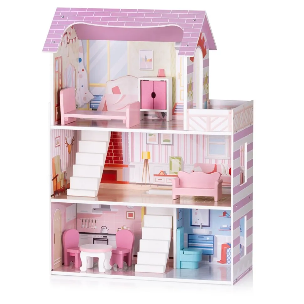 Chipolino Holz-Puppenhaus 7-teilig Balkon, Stühle, Tisch, Bett, Sofa, Schrank rosa