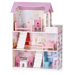 Chipolino Holz-Puppenhaus 7-teilig Balkon, Stühle, Tisch, Bett, Sofa, Schrank rosa