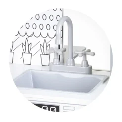 Chipolino Kinderküche 2 in 1 Tisch, Hocker, Küchenutensilien, Töpfe, Mikrowelle weiß