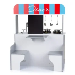 Chipolino Kinderküche 2 in 1 Tisch, Hocker, Küchenutensilien, Töpfe, Mikrowelle weiß