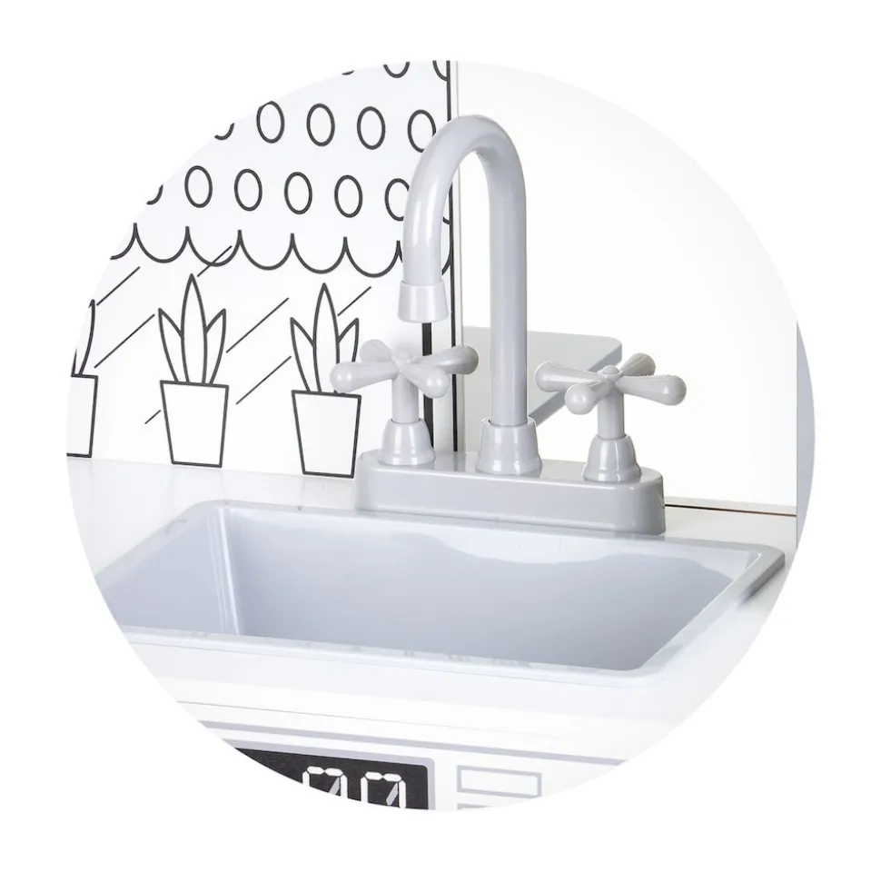 Chipolino Kinderküche 2 in 1 Tisch, Hocker, Küchenutensilien, Töpfe, Mikrowelle weiß