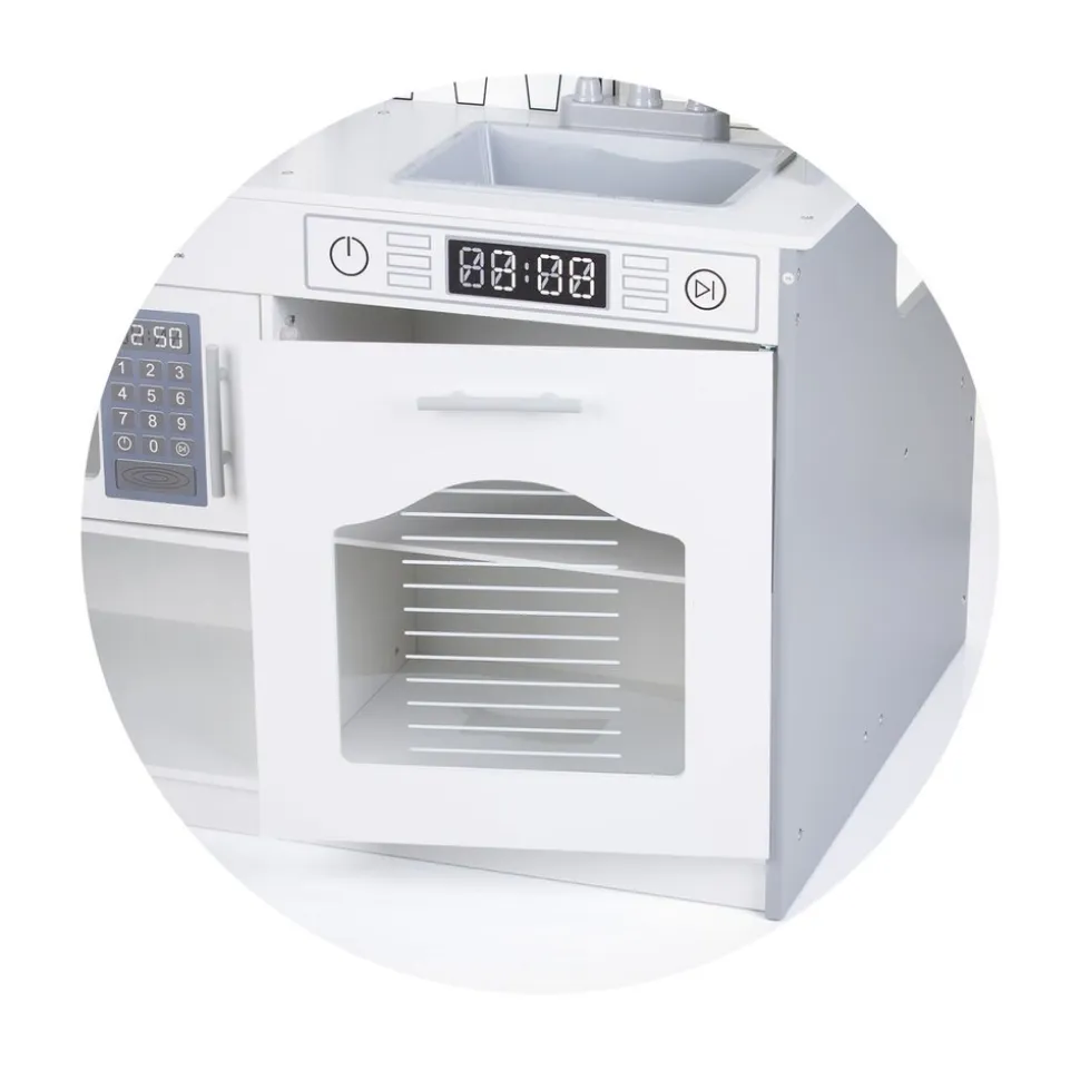 Chipolino Kinderküche 2 in 1 Tisch, Hocker, Küchenutensilien, Töpfe, Mikrowelle weiß