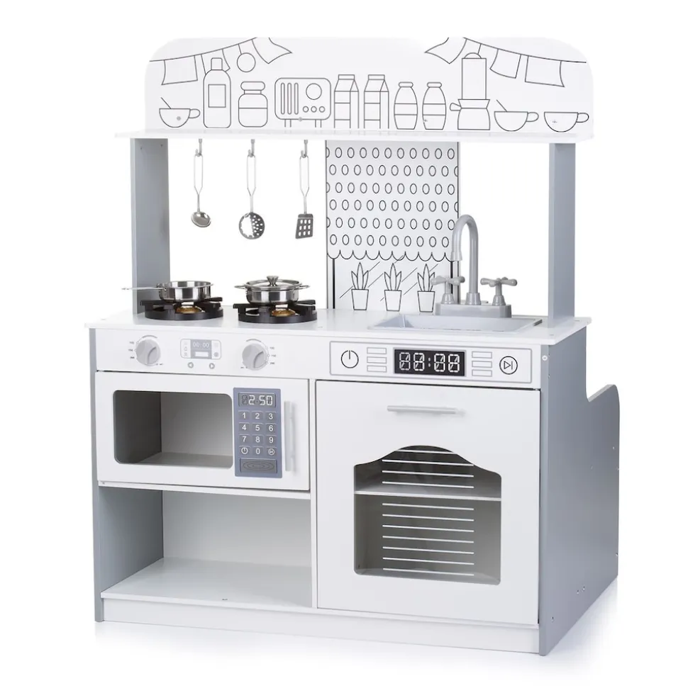 Chipolino Kinderküche 2 in 1 Tisch, Hocker, Küchenutensilien, Töpfe, Mikrowelle weiß