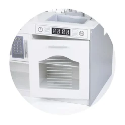 Chipolino Kinderküche 2 in 1 Tisch, Hocker, Küchenutensilien, Töpfe, Mikrowelle weiß