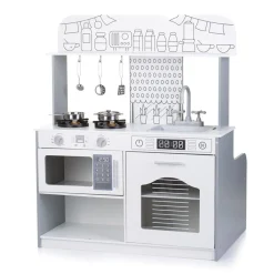 Chipolino Kinderküche 2 in 1 Tisch, Hocker, Küchenutensilien, Töpfe, Mikrowelle weiß