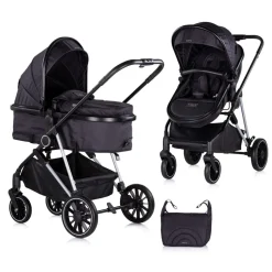 Chipolino Kinderwagen Aura 2 in 1 umbaubar Wickeltasche Sitz umkehrbar bis 22 kg schwarz gemustert