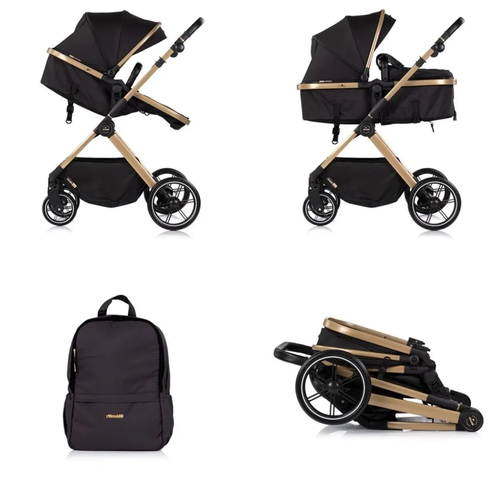 Chipolino Kombikinderwagen Pearl 2 in 1 umbaubar Rucksack Fußsack Korb Federung schwarz