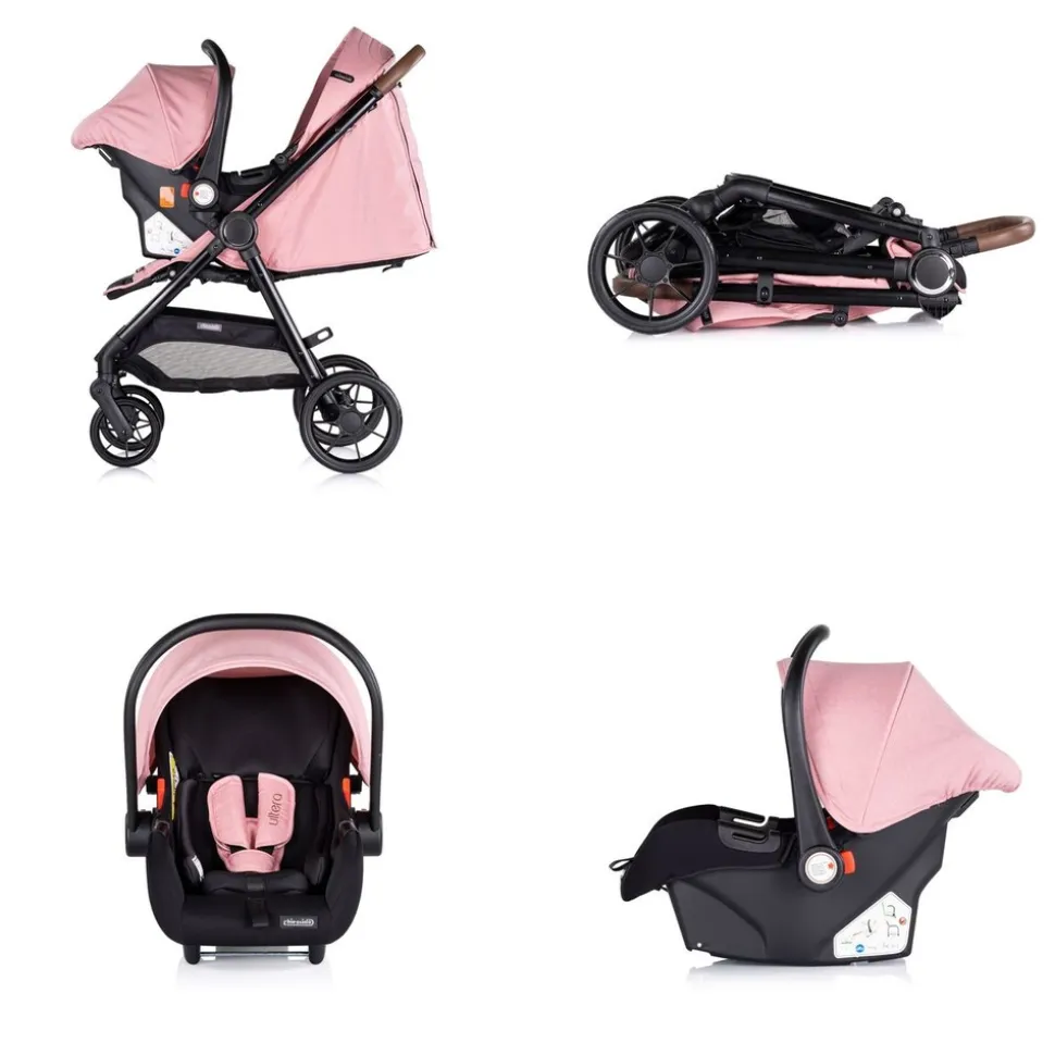 Chipolino Kombikinderwagen Ultera 3 in 1 Babyschale Fußabdeckung klappbar Korb rosa