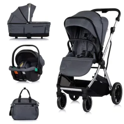 Chipolino Kombikinderwagen Aurora 3 in 1 Babyschale Babywanne Sportsitz Tasche dunkelgrau