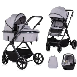 Chipolino Kombikinderwagen Pearl 3 in 1 umbaubar Babyschale Wickeltasche Fußsack grau