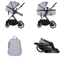 Chipolino Kombikinderwagen Pearl 3 in 1 umbaubar Babyschale Wickeltasche Fußsack grau