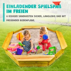 Coemo 6-eckiger Sandkasten Sally Holz inkl. Bodenplane 135x135x20 cm