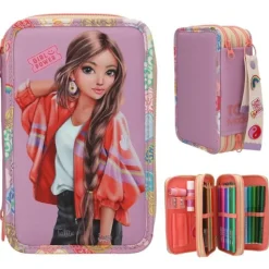 Depesche 3-Fach Federtasche mit Anhänger GIRL POWER inkl. Stifte TOPModel 7,5 x 13 x 20 cm