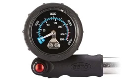Dämpferpumpe, für Dämpfer und Federgabel, 20 bar, mit Manometer, mit Drehschlauch und Entlüftungsknopf, mit ausklappbarem T-Griff