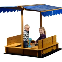 Dobar 94357FSC Sandkasten mit Sitzbänken, Bodenplane und Dach