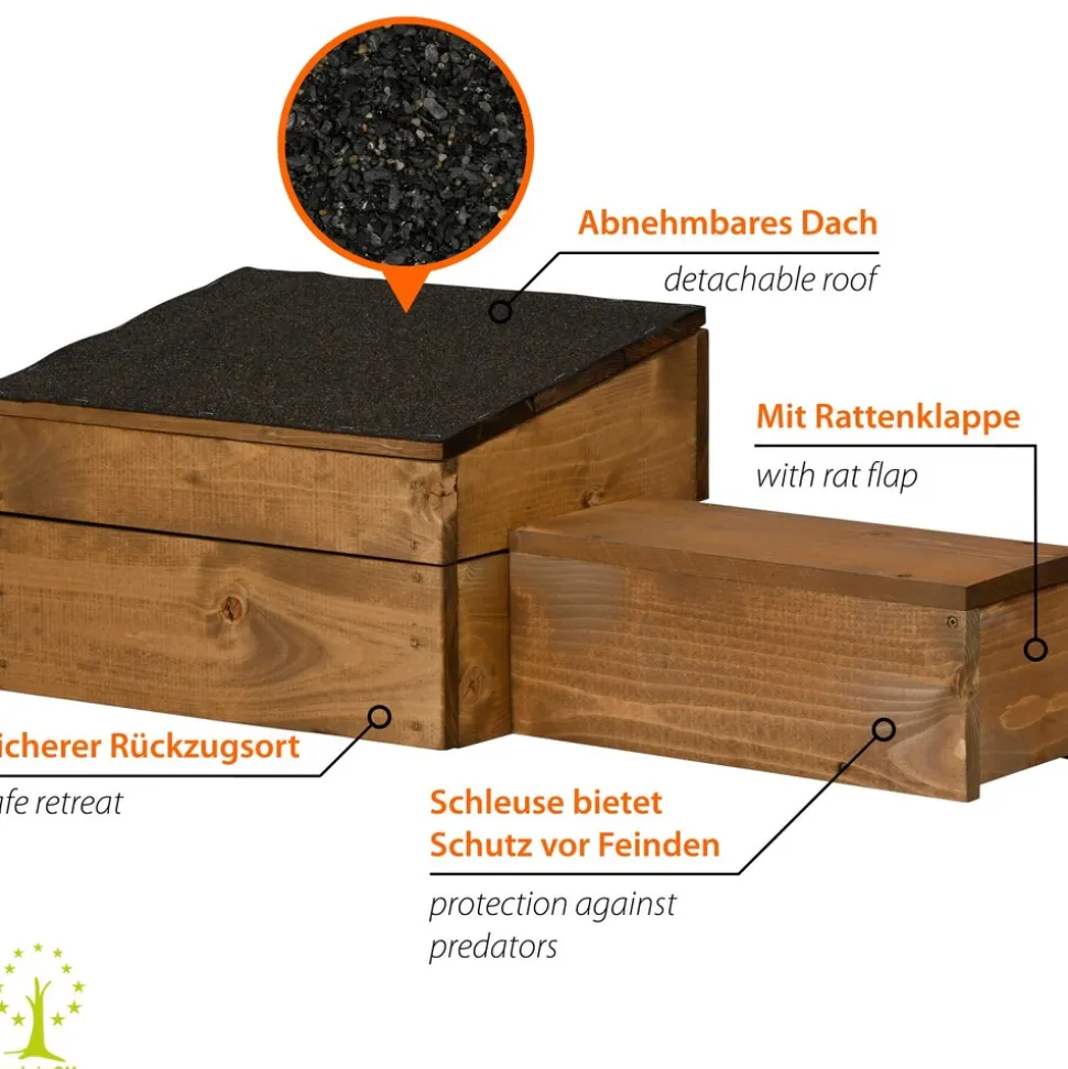 dobar Igelhaus mit schwarzem Bitumendach und Rattenklappe
