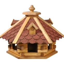 Dobar Rustikales XL-Vogelfutterhaus im Blockhaus-Stil mit rotem Bitumendach, Vogelhaus mit 6 Einfluglöchern
