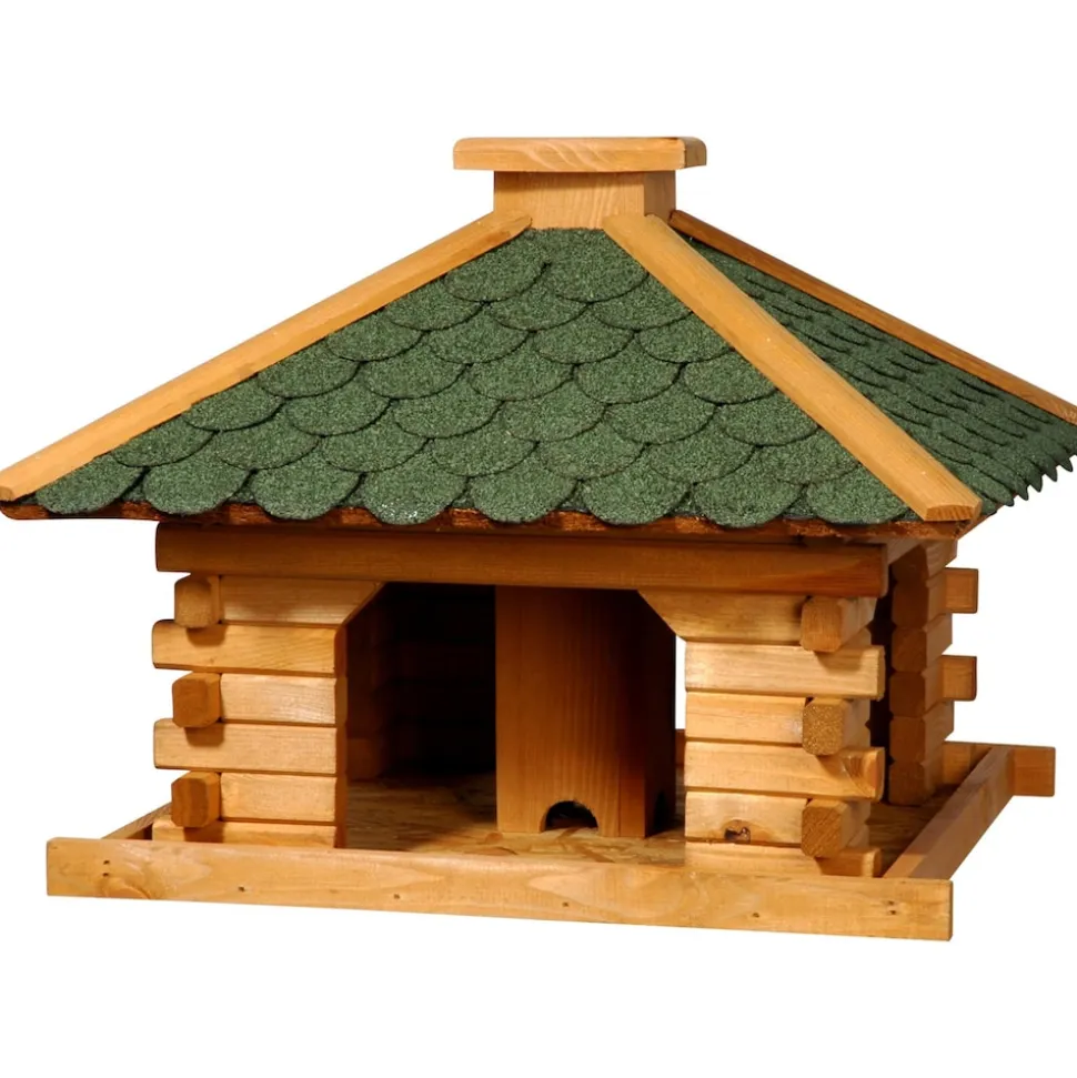 Dobar Rustikales XL-Vogelfutterhaus im Blockhaus-Stil mit grünem Bitumendach, Vogelhaus mit integriertem Futtersilo