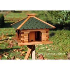Dobar Rustikales XL-Vogelfutterhaus im Blockhaus-Stil mit grünem Bitumendach, Vogelhaus mit integriertem Futtersilo