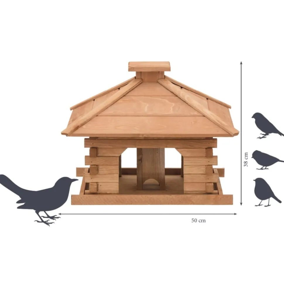 Dobar Rustikales XL-Vogelfutterhaus im Blockhaus-Stil mit dekorativem Holzdach, Vogelhaus mit integriertem Futtersilo