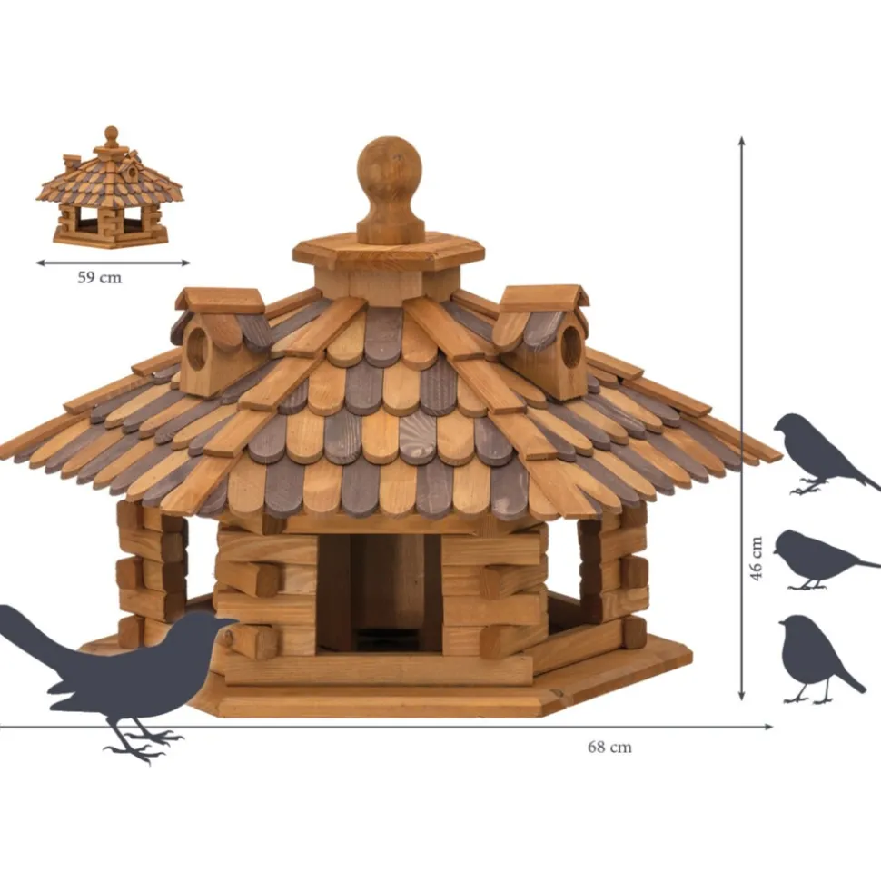 Dobar Rustikales XXL-Vogelfutterhaus im Blockhaus-Stil mit dekorativem Holzschindeldach, Vogelhaus mit 6 Einfluglöchern