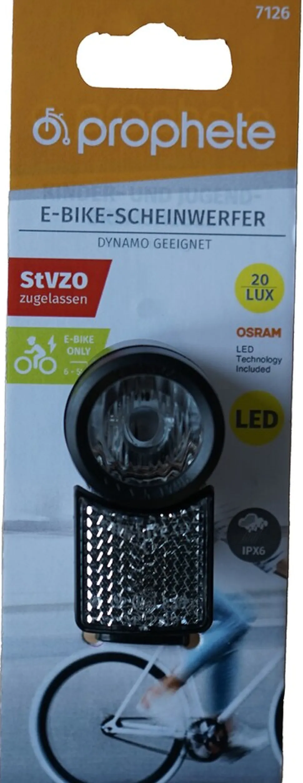 E-Bike Scheinwerfer 20 Lux, mit OSRAM LED's, für E-bikes (9-48 V), auch Dynamo geeignet, sehr kompakt