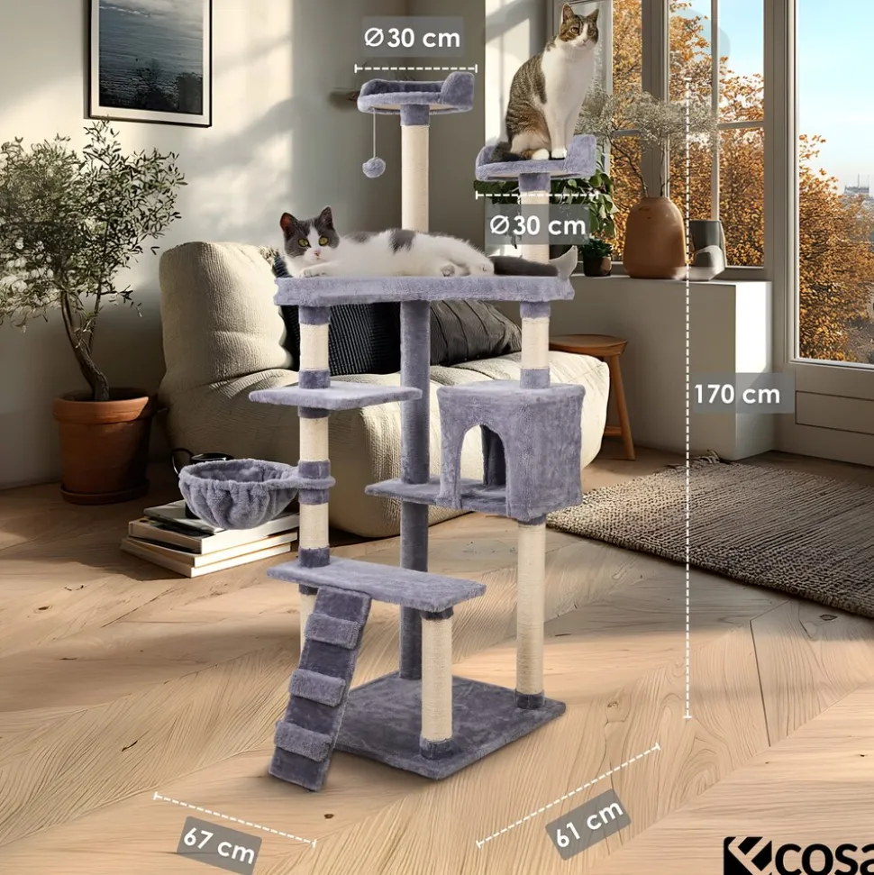 Ecosa XXL Katzenbaum Kratzbaum groß 170cm Kletterturm mit mehreren Plattformen